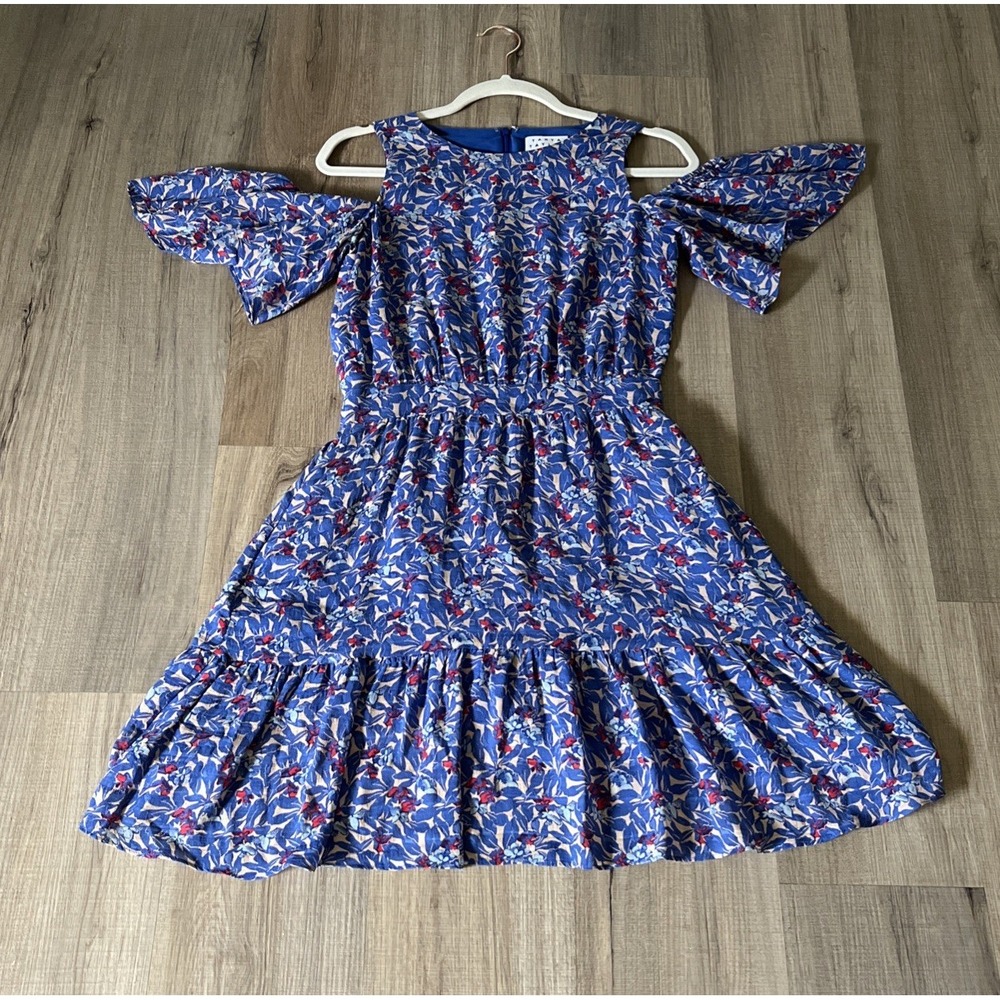 Tanya Taylor Blue Floral Silk Cold Shoulder Mini Dress Size 2 Boho Scoop Neck